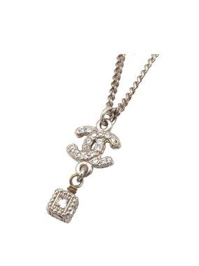 Chanel Necklace CC Logo Cube Silver Metal Rhinestone